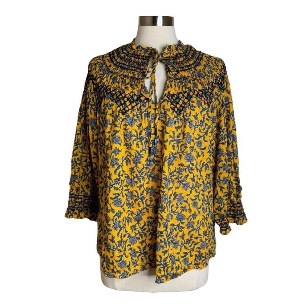 Zara Cottagecore Floral Yellow Women's Blouse with Beaded Tassel Size Large Boho
